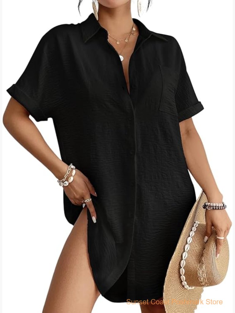 Button Down Shirt Dress Beach Cover Up Short Sleeve